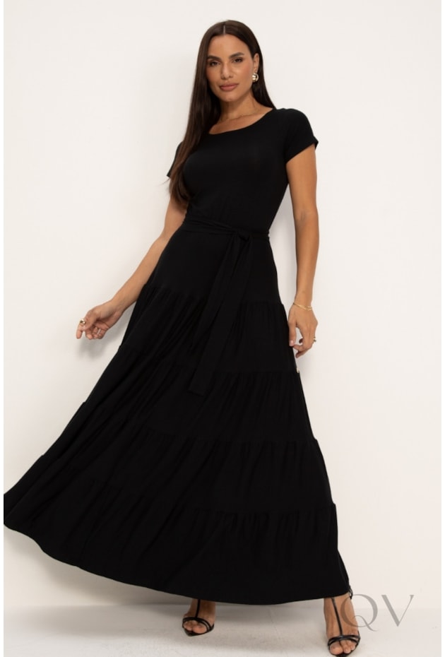 VESTIDO LONGO COM MARIAS EM MALHA PRETO - LEKAZIS