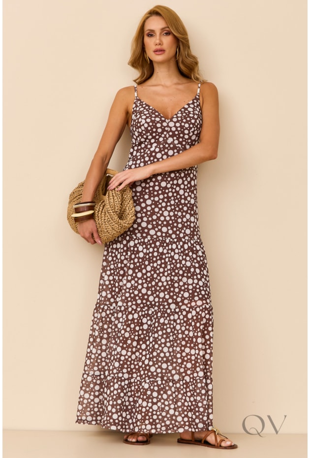 VESTIDO LONGO COM POÁ EM TULE MARROM - ARTSY