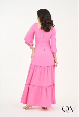 VESTIDO LONGO CREPE COM ENTREMEIOS ROSA - VIA TOLENTINO