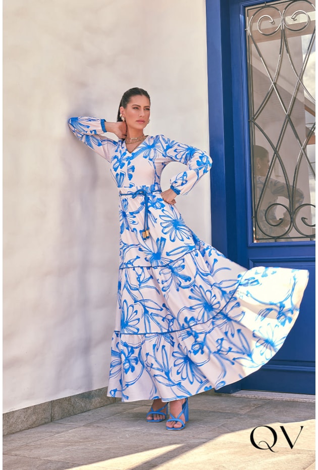 Vestido Longo Crepe Estampado Floral Titanium Jeans Moda