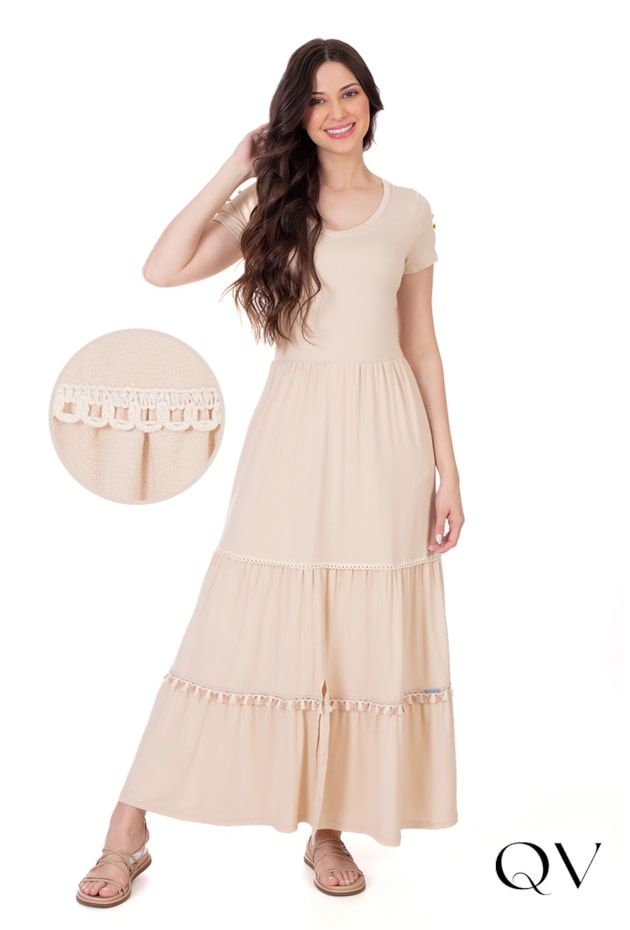 VESTIDO LONGO DET FRANJINHAS NUDE - HAPUK