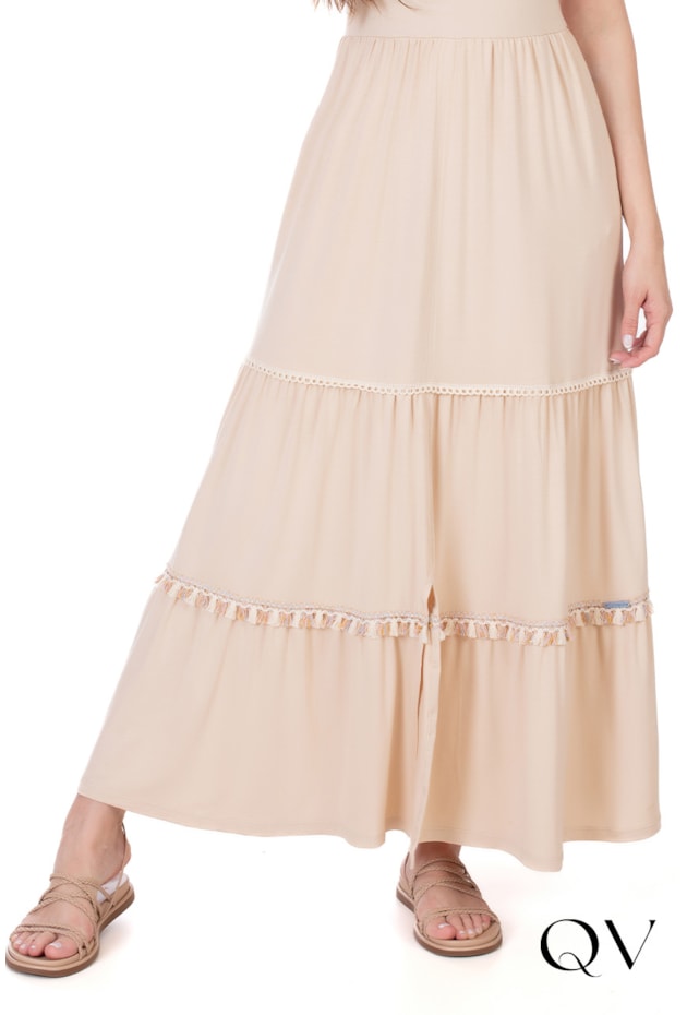 VESTIDO LONGO DET FRANJINHAS NUDE - HAPUK