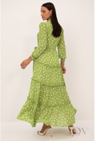 VESTIDO LONGO EM AVA PRINT COM POÁS OFF FUNDO VERDE - LEKAZIS