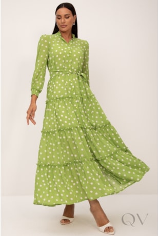 VESTIDO LONGO EM AVA PRINT COM POÁS OFF FUNDO VERDE - LEKAZIS