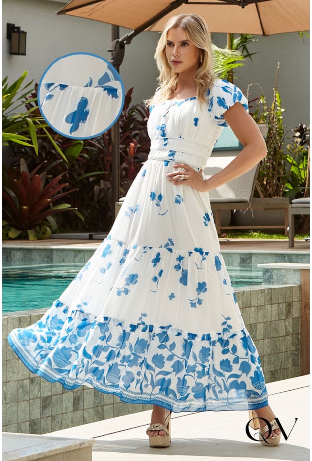 VESTIDO LONGO EM CHIFFON FLORAL AZUL - LUZIA FAZZOLLI VESTIDO LONGO EM CHIFFON FLORAL AZUL - LUZIA FAZZOLLI