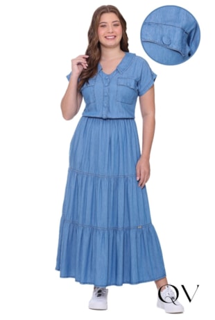 VESTIDO LONGO EM JEANS LEVE GOLA AZUL - HAPUK VESTIDO LONGO EM JEANS LEVE GOLA AZUL - HAPUK