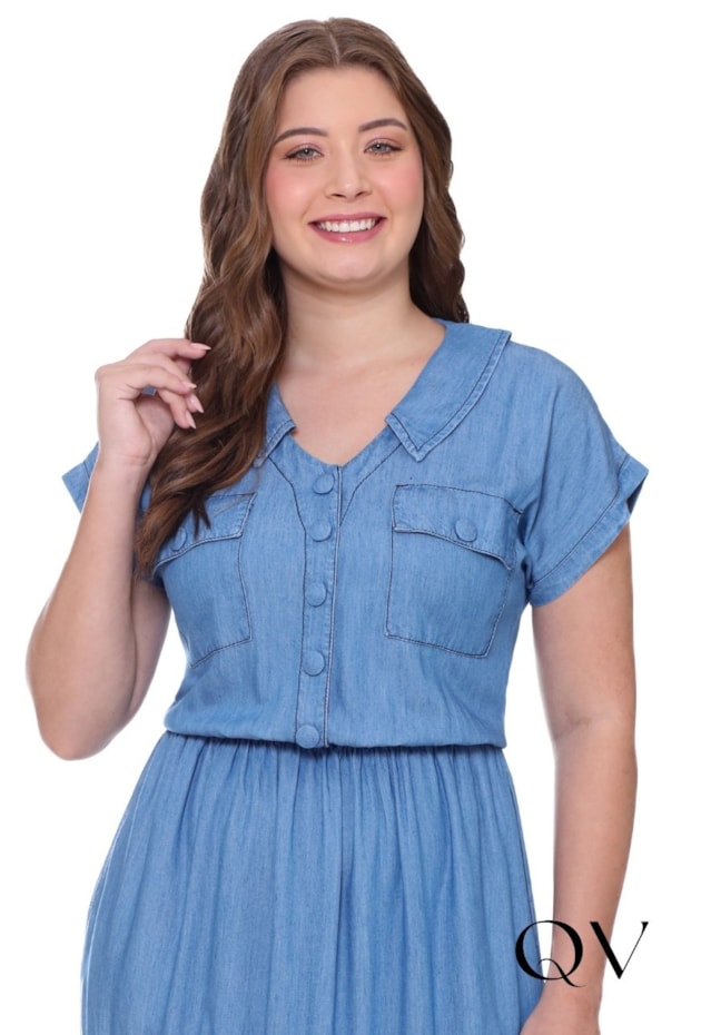 VESTIDO LONGO EM JEANS LEVE GOLA AZUL - HAPUK