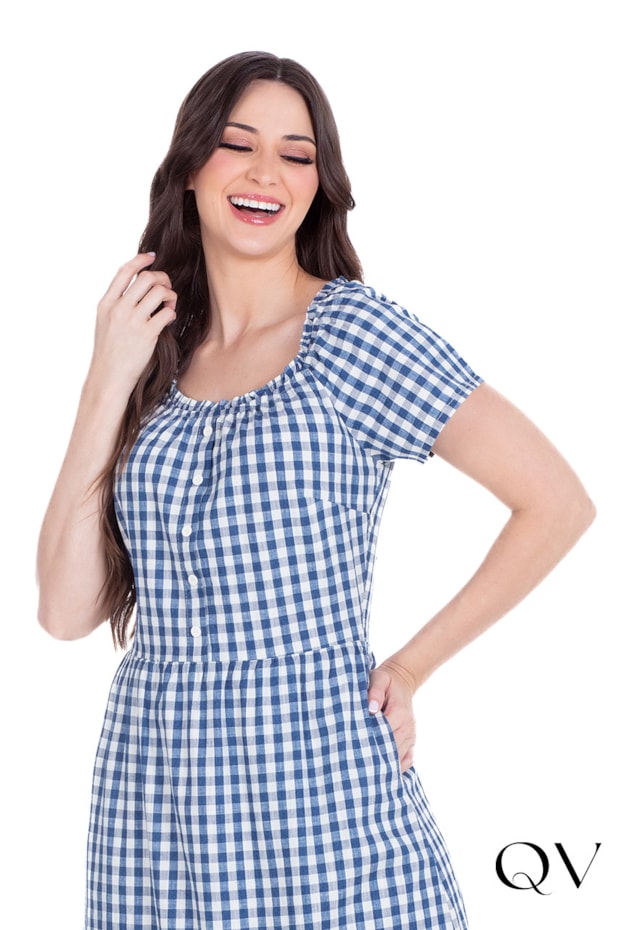 VESTIDO LONGO EM JEANS XADREZ AZUL - HAPUK