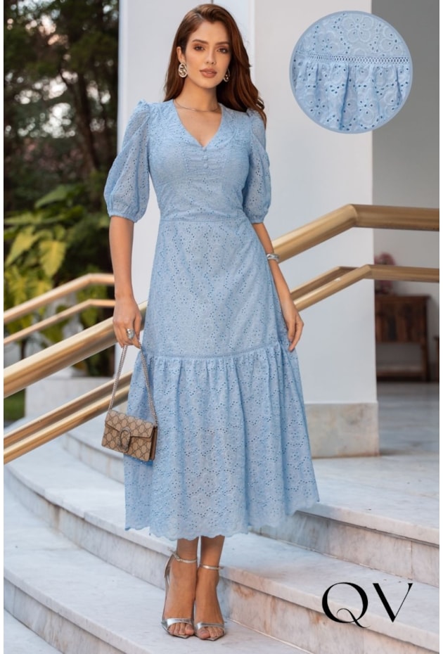 VESTIDO LONGO EM LASIE AZUL - JANY PIM