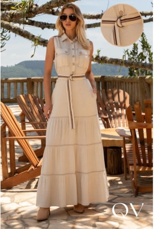 VESTIDO LONGO EM LINHO GUIPIR BEGE - ARTSY