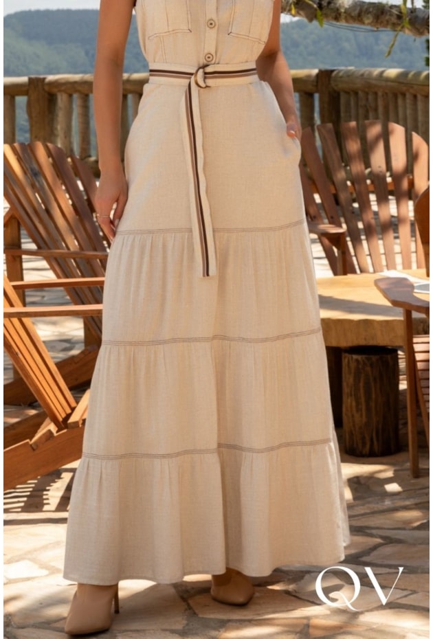 VESTIDO LONGO EM LINHO GUIPIR BEGE - ARTSY