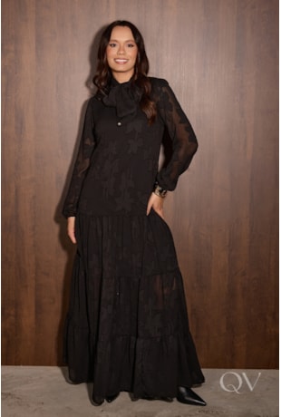 VESTIDO LONGO EM MADELEINE JACQUARD PRETO - JANY PIM