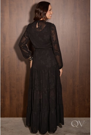 VESTIDO LONGO EM MADELEINE JACQUARD PRETO - JANY PIM