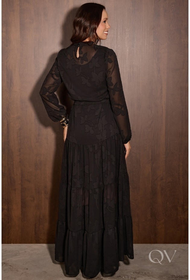 VESTIDO LONGO EM MADELEINE JACQUARD PRETO - JANY PIM