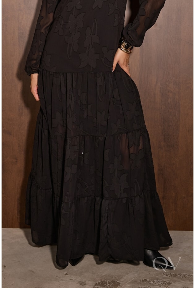VESTIDO LONGO EM MADELEINE JACQUARD PRETO - JANY PIM