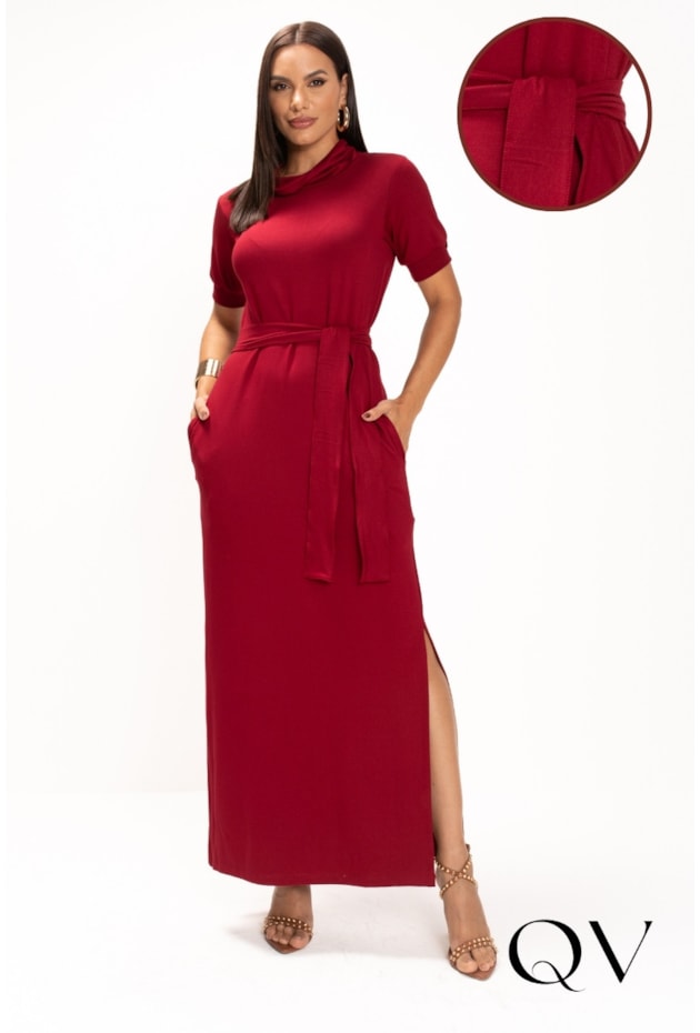 VESTIDO LONGO EM MALHA MOLETINHO BORDÔ - LEKAZIS