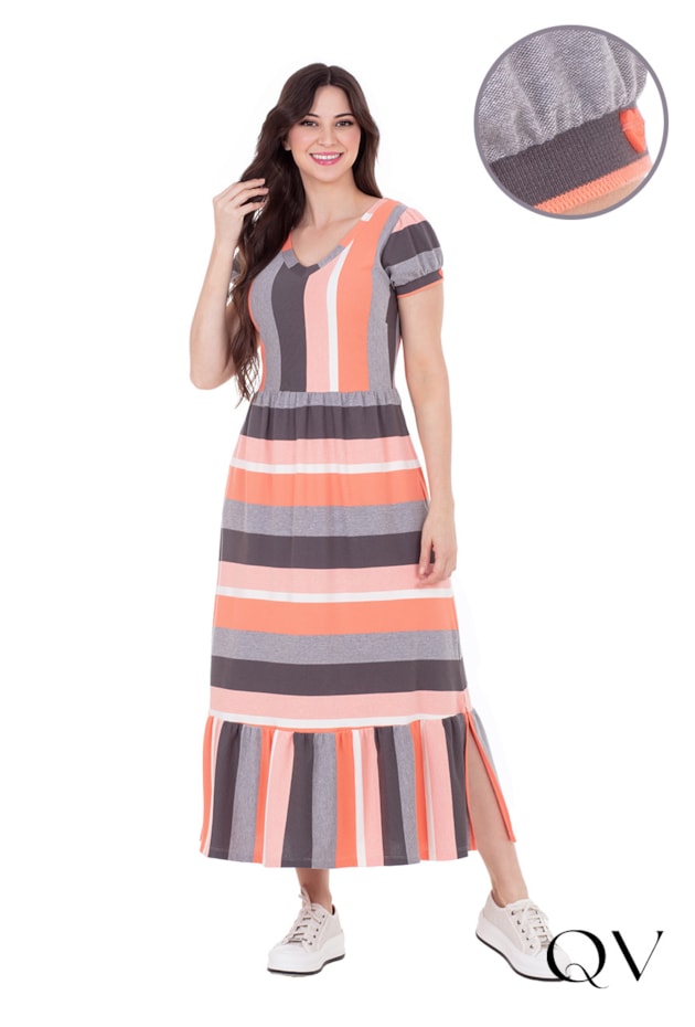 VESTIDO LONGO EM MALHA PIQUET LISTRADO LARANJA - HAPUK