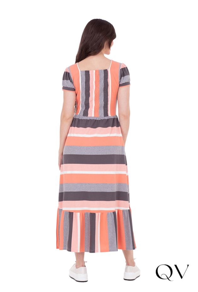 VESTIDO LONGO EM MALHA PIQUET LISTRADO LARANJA - HAPUK VESTIDO LONGO EM MALHA PIQUET LISTRADO LARANJA - HAPUK