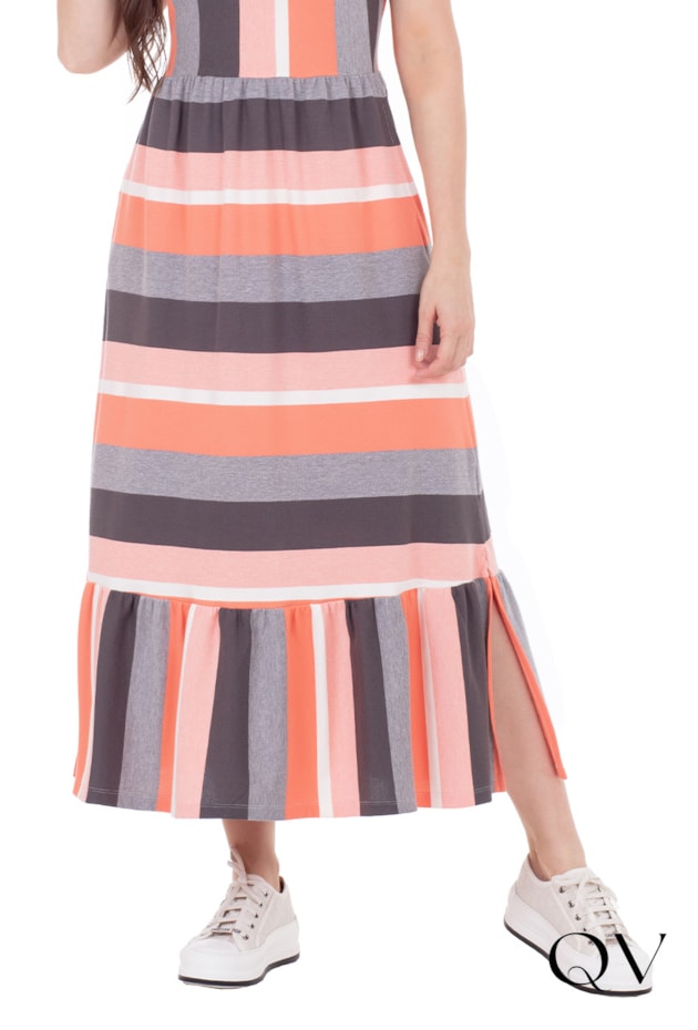 VESTIDO LONGO EM MALHA PIQUET LISTRADO LARANJA - HAPUK VESTIDO LONGO EM MALHA PIQUET LISTRADO LARANJA - HAPUK