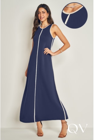 VESTIDO LONGO EM MOLETINHO DE VISCOSE COM ELASTANO MARINHO E GIZ - DOCE TRAMA