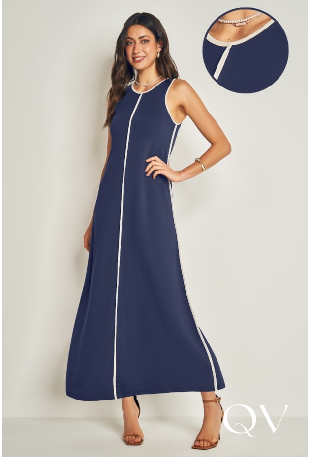 VESTIDO LONGO EM MOLETINHO DE VISCOSE COM ELASTANO MARINHO E GIZ - DOCE TRAMA