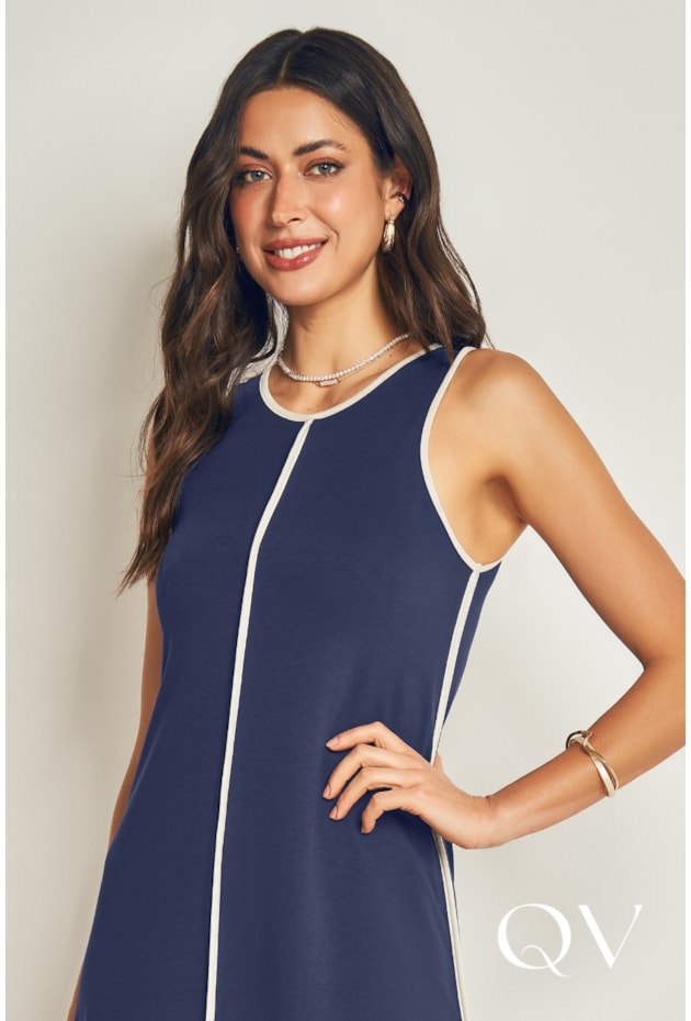 VESTIDO LONGO EM MOLETINHO DE VISCOSE COM ELASTANO MARINHO E GIZ - DOCE TRAMA