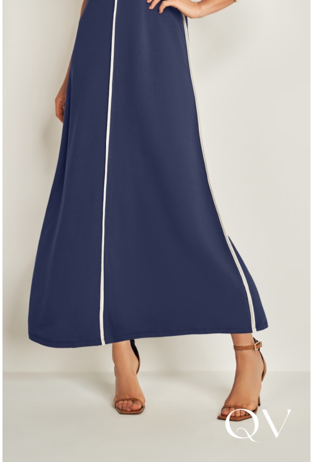 VESTIDO LONGO EM MOLETINHO DE VISCOSE COM ELASTANO MARINHO E GIZ - DOCE TRAMA