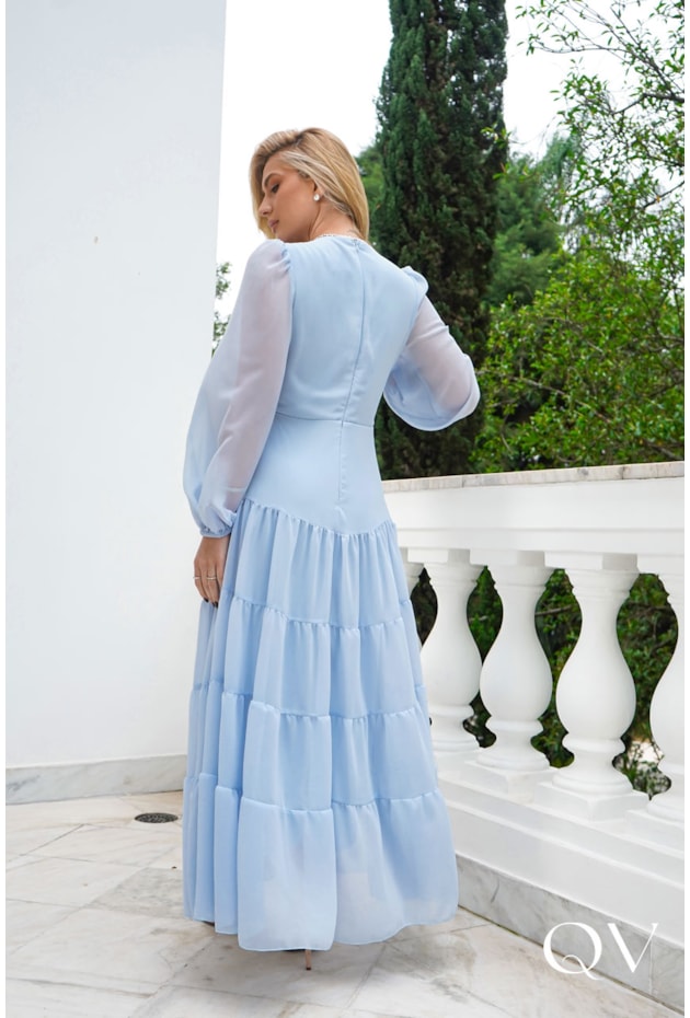 VESTIDO LONGO EM MUSSELINE AZUL CLARO - DOCE MARIA