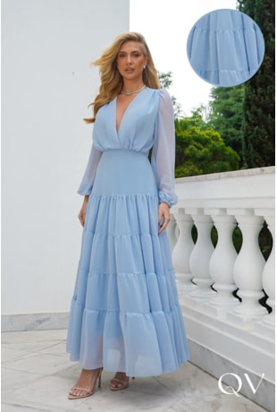 VESTIDO LONGO EM MUSSELINE AZUL CLARO - DOCE MARIA