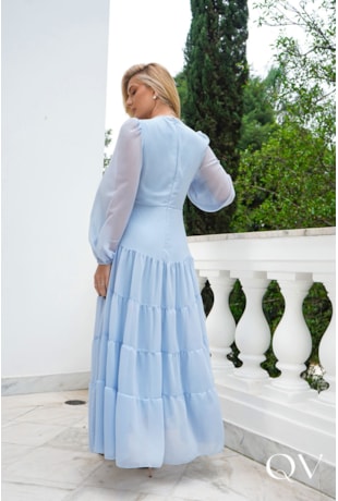 VESTIDO LONGO EM MUSSELINE AZUL CLARO - DOCE MARIA