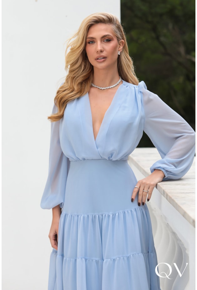 VESTIDO LONGO EM MUSSELINE AZUL CLARO - DOCE MARIA