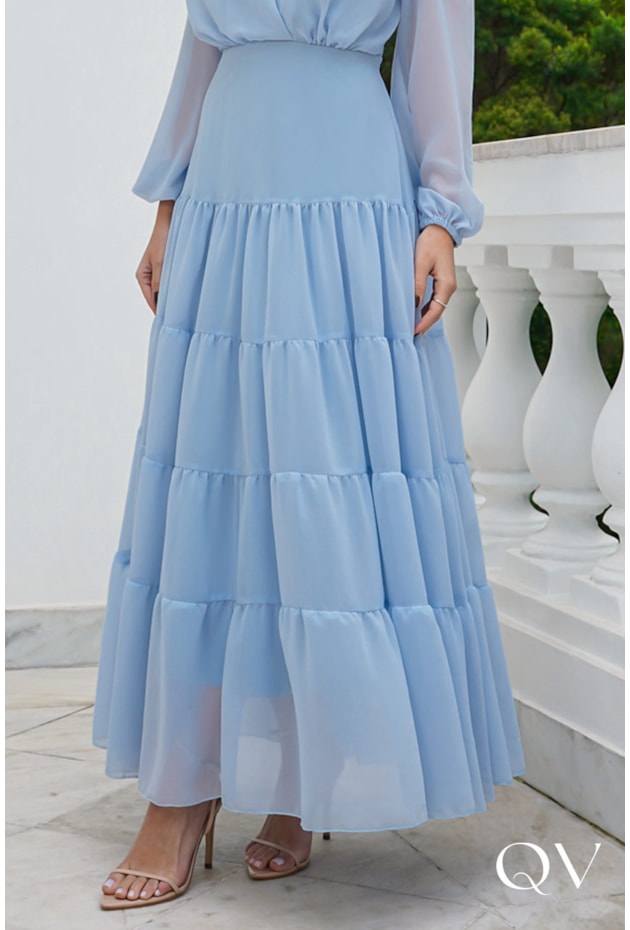 VESTIDO LONGO EM MUSSELINE AZUL CLARO - DOCE MARIA