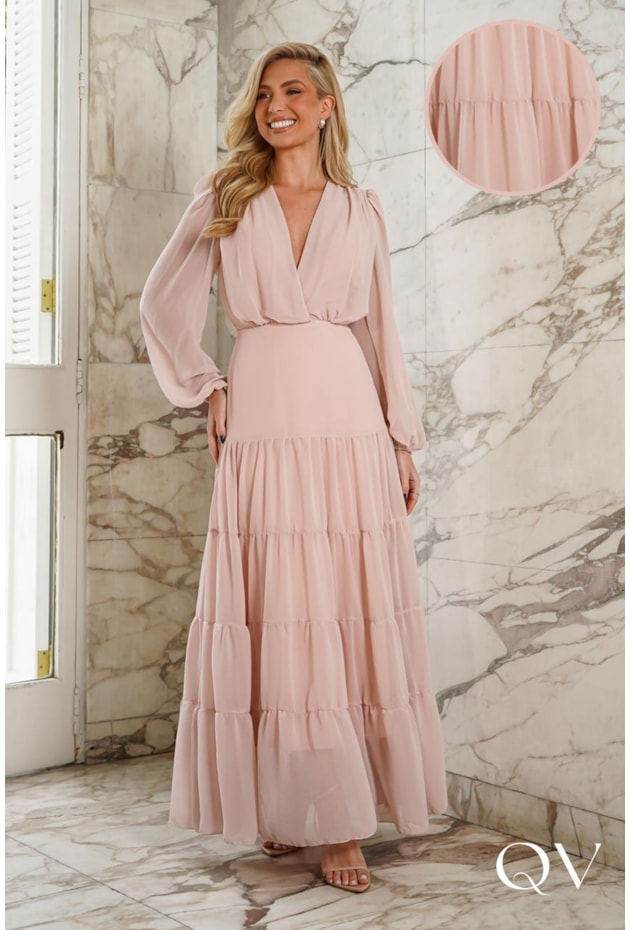 VESTIDO LONGO EM MUSSELINE ROSE - DOCE MARIA