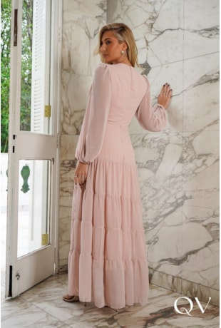 VESTIDO LONGO EM MUSSELINE ROSE - DOCE MARIA