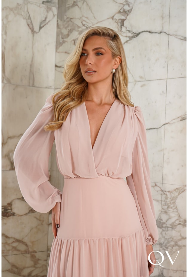 VESTIDO LONGO EM MUSSELINE ROSE - DOCE MARIA