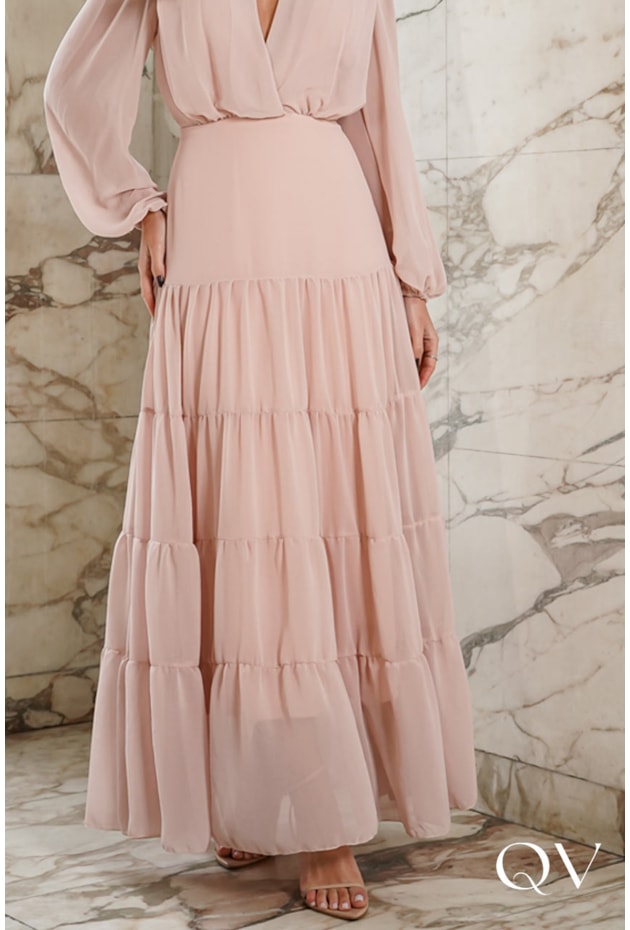 VESTIDO LONGO EM MUSSELINE ROSE - DOCE MARIA