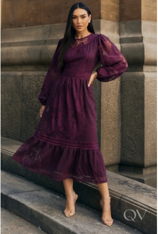 VESTIDO LONGO EM RENDA E TELA UVA - LUZIA FAZZOLLI