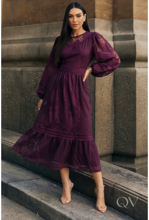 VESTIDO LONGO EM RENDA E TELA UVA - LUZIA FAZZOLLI