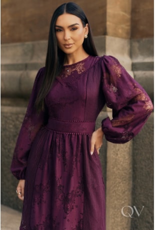VESTIDO LONGO EM RENDA E TELA UVA - LUZIA FAZZOLLI