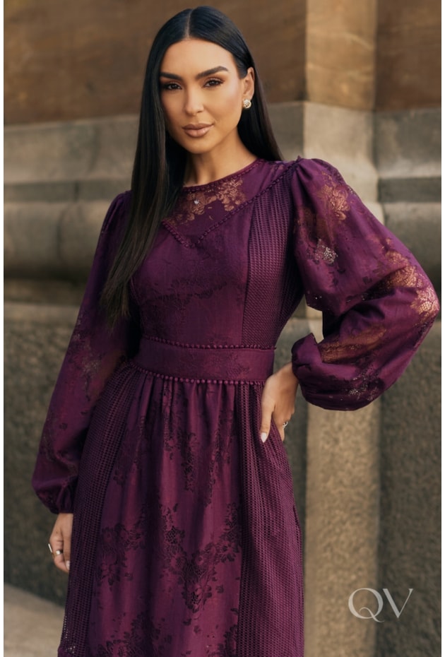 VESTIDO LONGO EM RENDA E TELA UVA - LUZIA FAZZOLLI