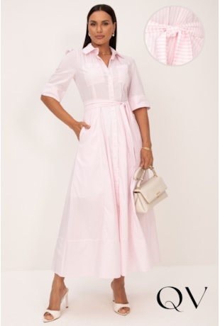 VESTIDO LONGO EM TRICOLINE LISTRADO ROSA CLARO - LEKAZIS