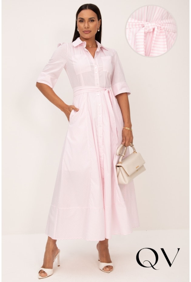 VESTIDO LONGO EM TRICOLINE LISTRADO ROSA CLARO - LEKAZIS