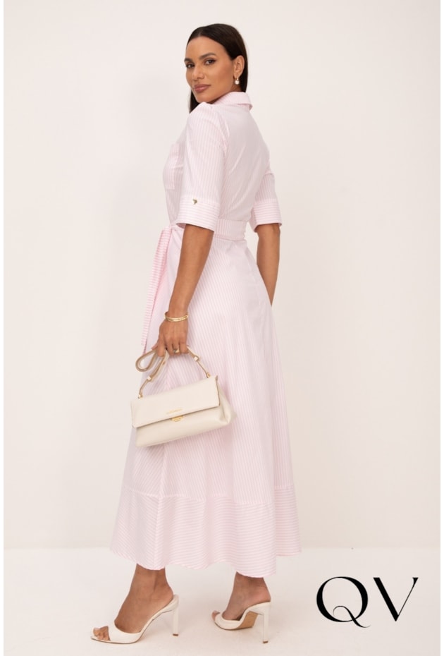 VESTIDO LONGO EM TRICOLINE LISTRADO ROSA CLARO - LEKAZIS