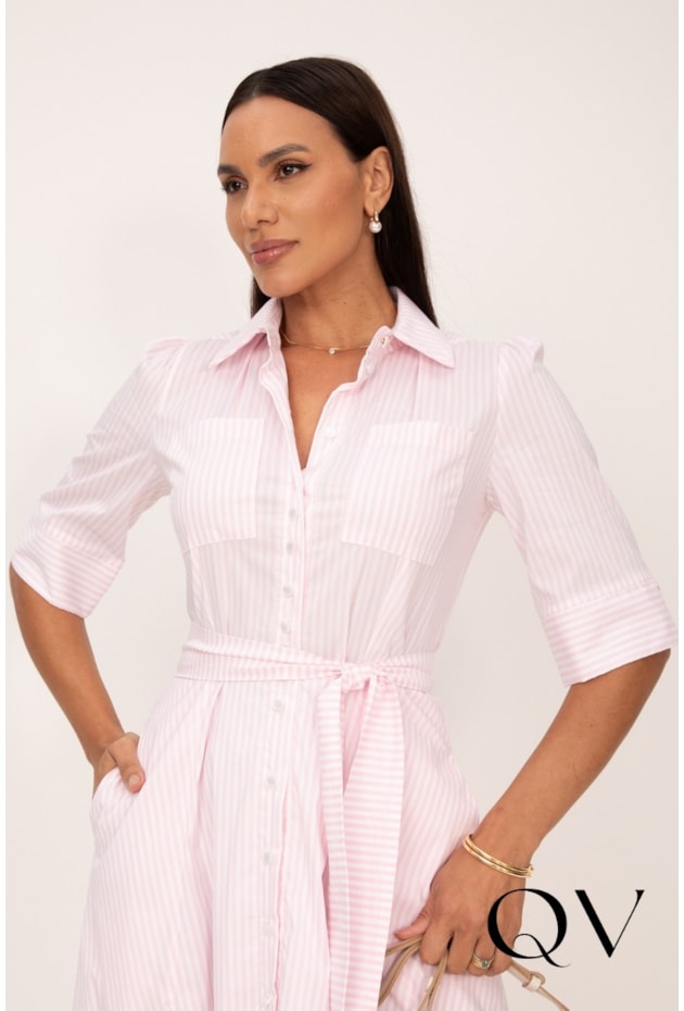 VESTIDO LONGO EM TRICOLINE LISTRADO ROSA CLARO - LEKAZIS