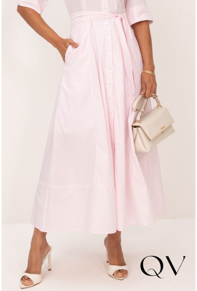 VESTIDO LONGO EM TRICOLINE LISTRADO ROSA CLARO - LEKAZIS