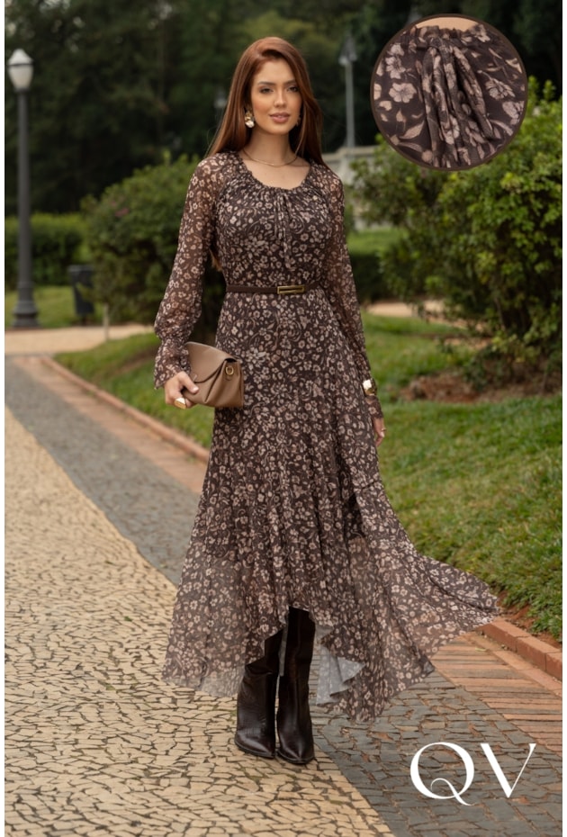 VESTIDO LONGO EM TULE ESTAMPA FLORAL MARROM - JANY PIM