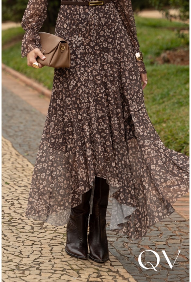 VESTIDO LONGO EM TULE ESTAMPA FLORAL MARROM - JANY PIM