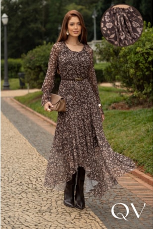 VESTIDO LONGO EM TULE ESTAMPA FLORAL MARROM - JANY PIM