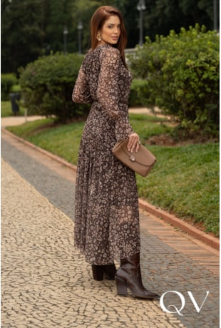 VESTIDO LONGO EM TULE ESTAMPA FLORAL MARROM - JANY PIM