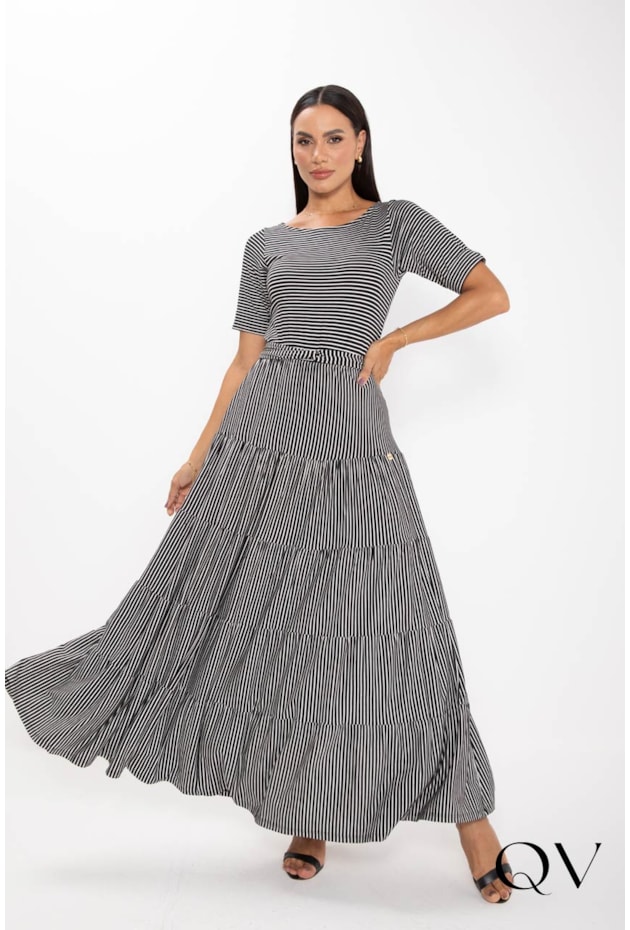 VESTIDO LONGO EM VISCOLYCRA LISTRADO P&B - LEKAZIS
